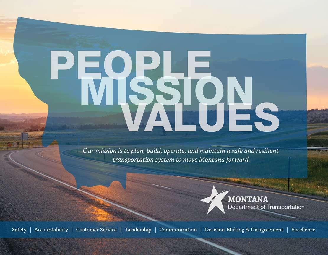 Interstate 94 in eastern Montana at sunset in the background with a blue Montana state outline overlaid. Text over the top that reads People, Mission, Values, and MDT's mission statement with core values below that read Safety, Accountability, Customer Service, Leadership, Communication, Decision-Making & Disagreement, and Excellence