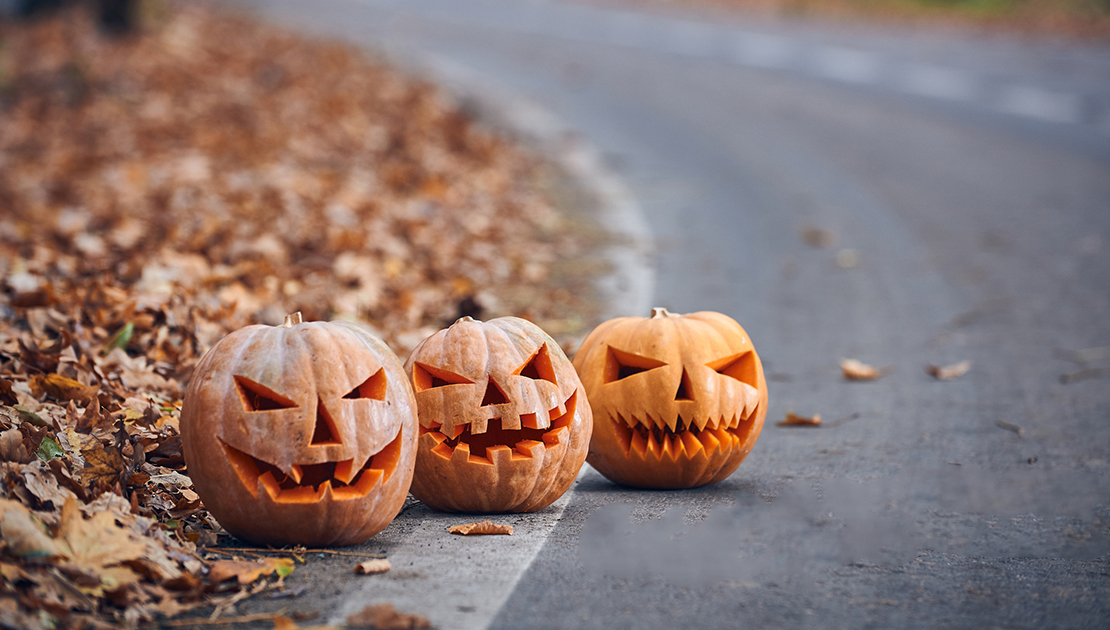 pumpkins sitting on the edge of the road