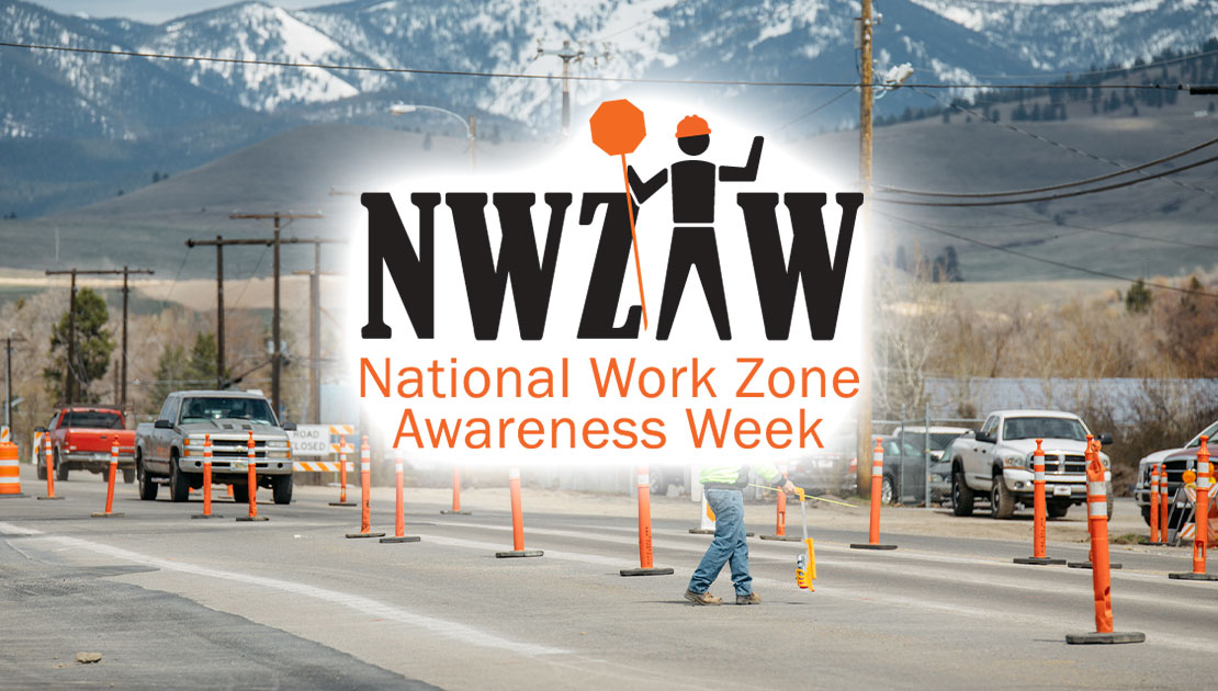 A road construction work zone with the NWZAW logo overlaid on the image