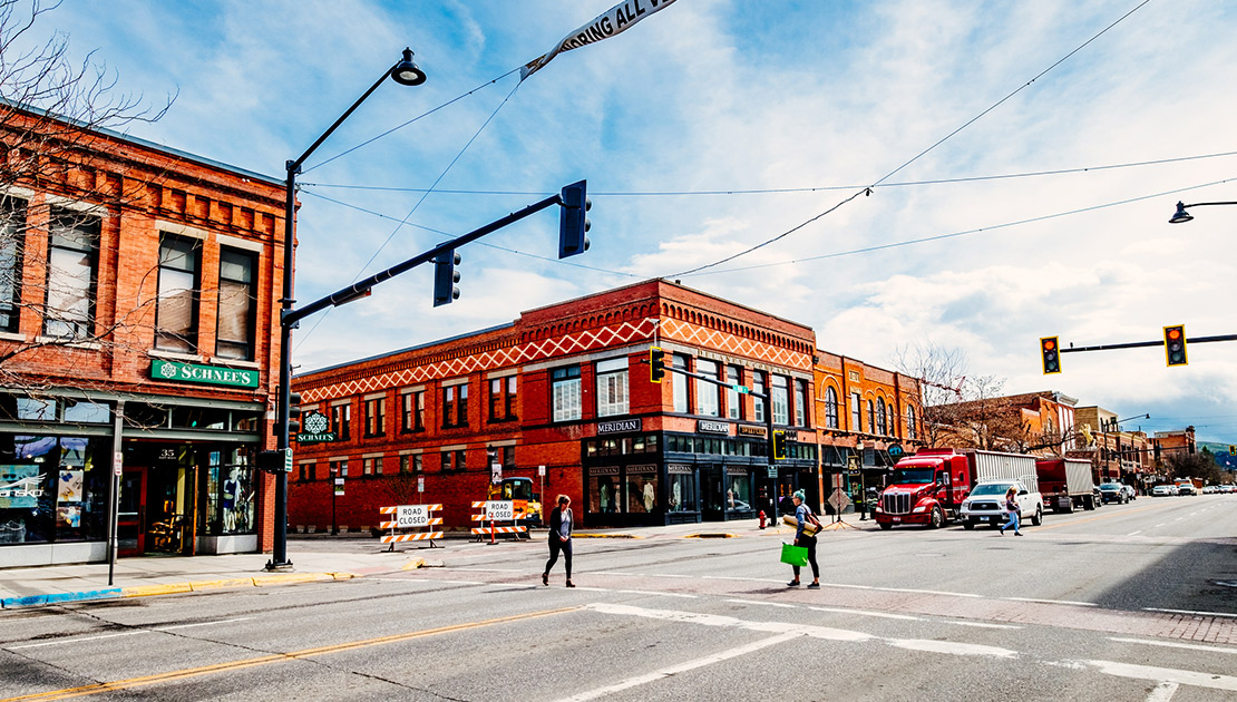 Pedestrians crossing the street in Bozeman, MT