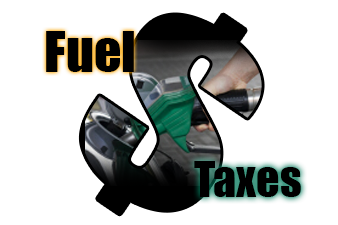 Fuel Taxes text and a dollar sign with a photo inside of it of someone fueling their vehicle with diesel