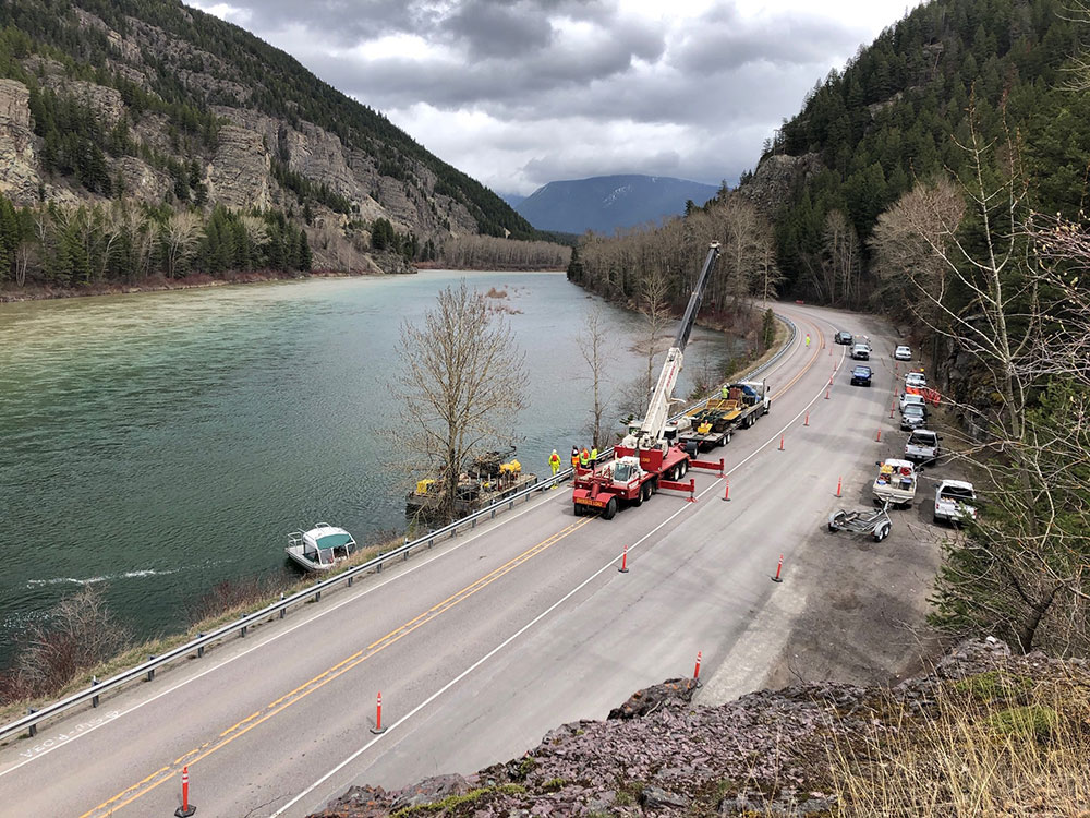 Road construction alongside the Flathead River in Bad Rock Canyon Image