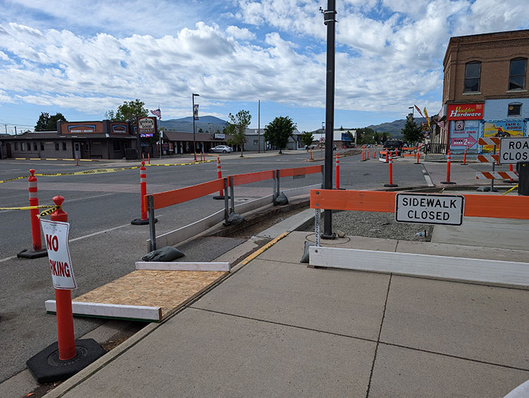 Sidewalk closure on Second Street and Main Street.