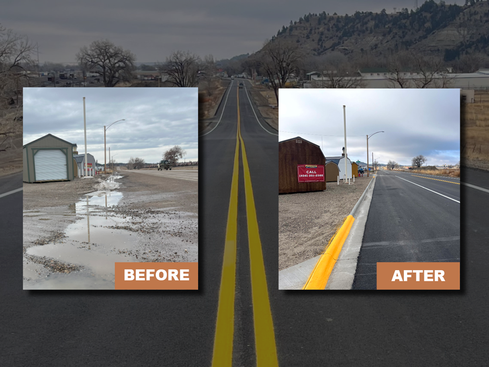 Looking east, toward the Railway Inn, the background image above shows the new roadway surface on Front Street. Looking west toward US Highway 12 (US 12), the two smaller images show a section of Front Street before and after construction.