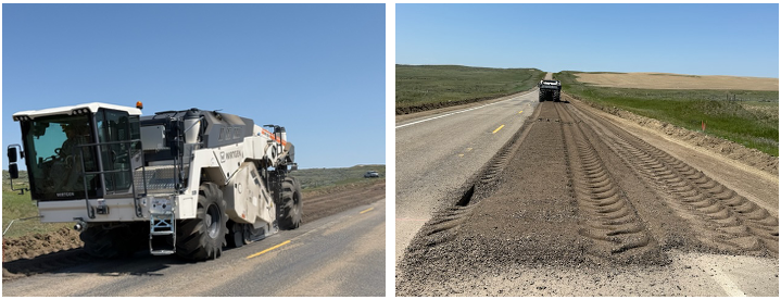 An asphalt pulverizer grinding up the existing asphalt on Montana Highway 200 (MT 200) west of Jordan