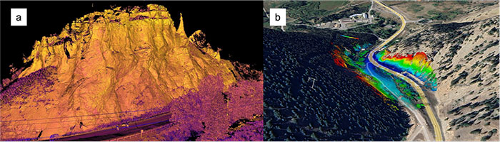 High-resolution terrestrial LiDAR products for the Bridger Canyon corridor along MT-86. (a) Three-dimensional point cloud of cliff walls acquired using terrestrial laser scanning. (b) Distance-based contour map derived from LiDAR returns, where color gradients represent relative distance from the scanner and highlight variations in slope geometry along the canyon walls.