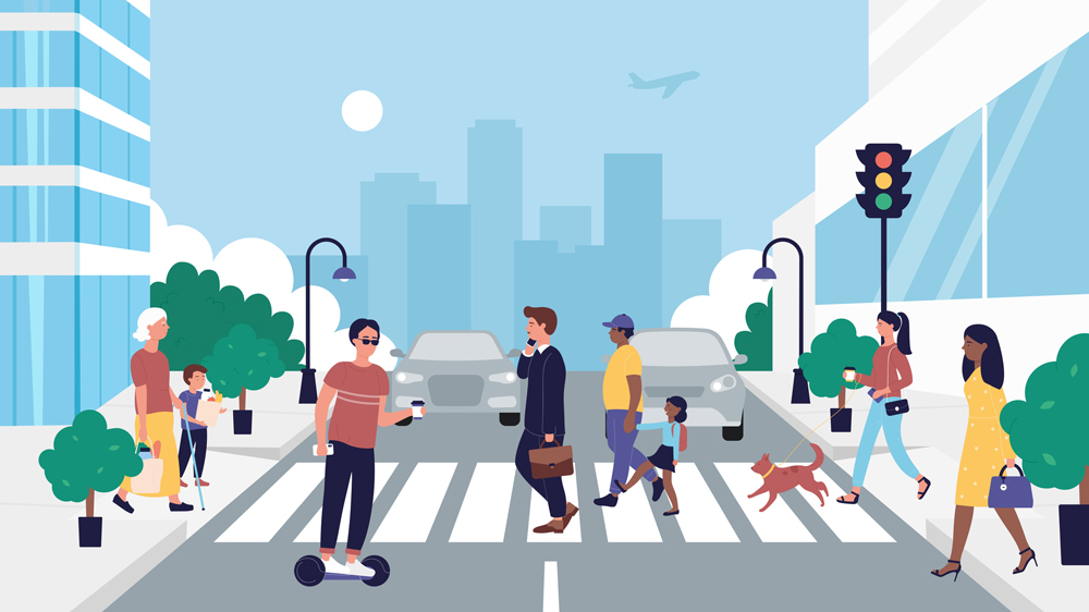illustration of a busy city street with pedestrians, vehicles, and more travelers