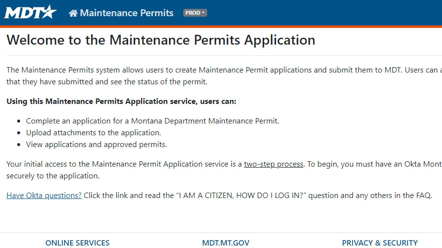 screenshot of Maintenance Permits Application